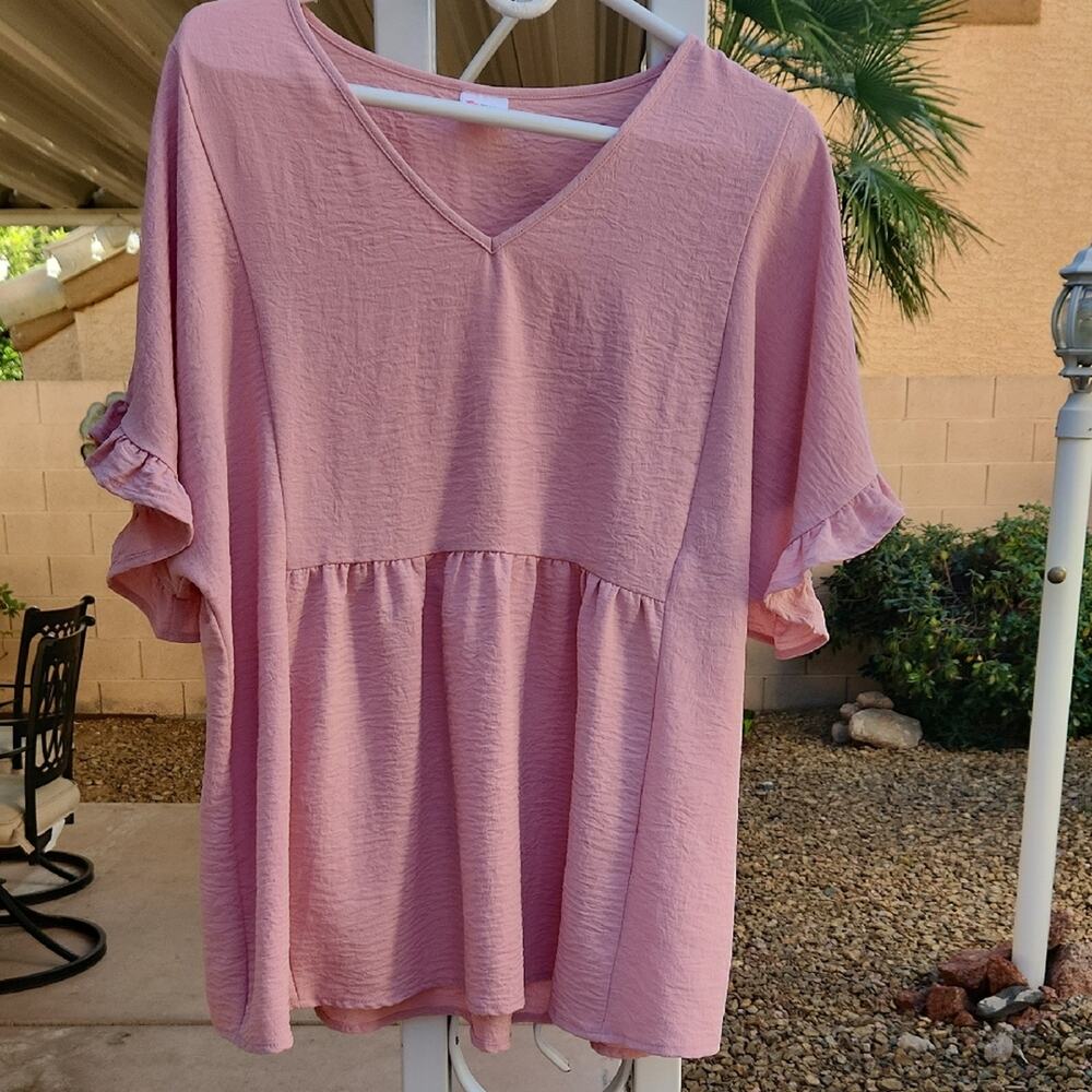 Wiholl Women's Size XL V-Neck Babydoll Top in Dusty Pink Ruffled Short Sleeves